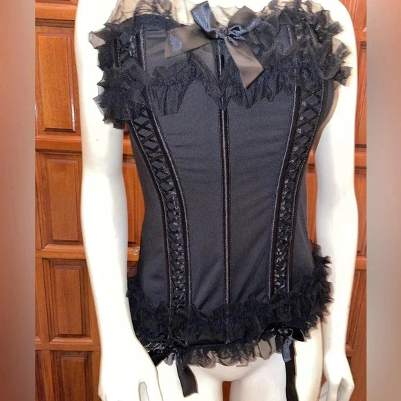 torrid Tops - TORRID Womens Size 1 Black Lace Ruffle Corset Strapless Hook & Eye Closure Boned